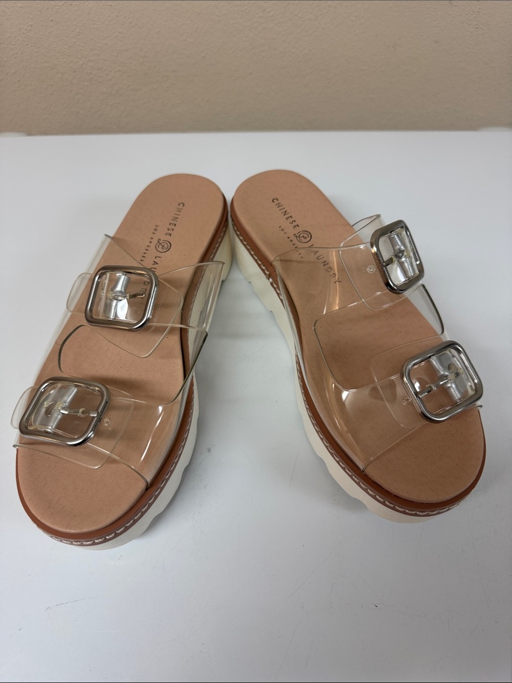 Chinese Laundry Clear Double Buckle Slide Sandals - Tan Footbed